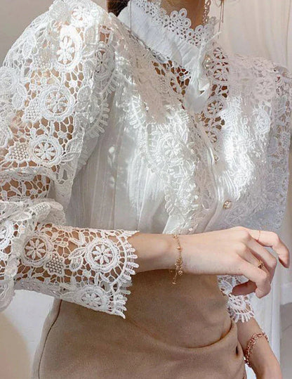 Chemise Col Haut Manches Bouffantes Dentelle Femme