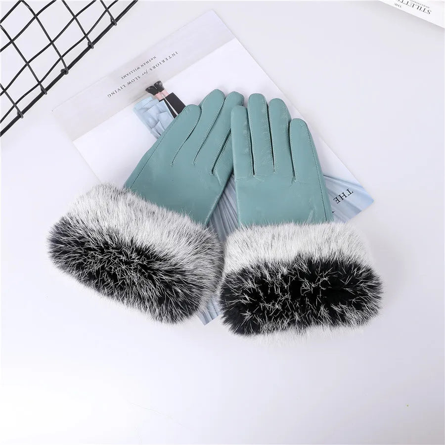 Gants cuir agneau femme doublure polaire avec poignets fourrure lapin