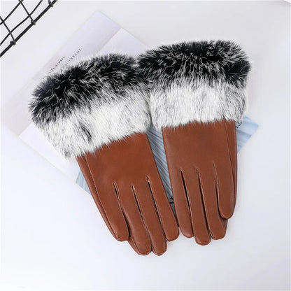 Gants cuir agneau femme doublure polaire avec poignets fourrure lapin