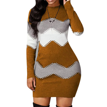 Robe pull femme col roulé patchwork manches longues mini maille automne hiver