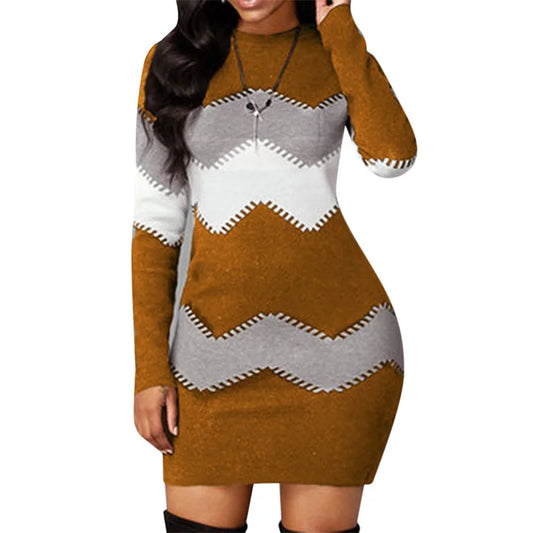 Robe pull femme col roulé patchwork manches longues mini maille automne hiver
