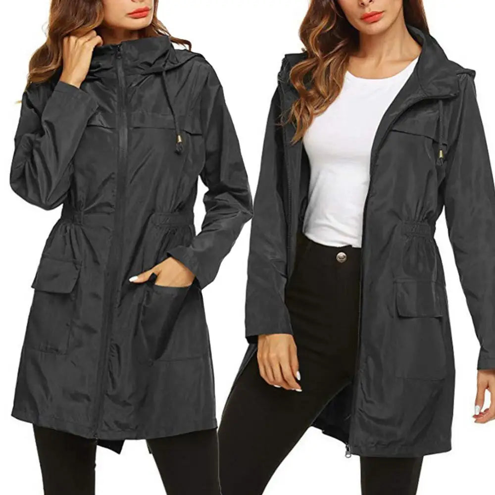 Imperméable femme long à capuche coupe vent, veste légère pour l'hiver