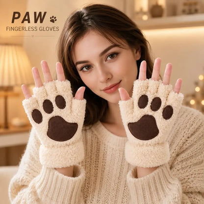 Gants sans doigts polaire patte de chat femme avec cordon anti-perte hiver