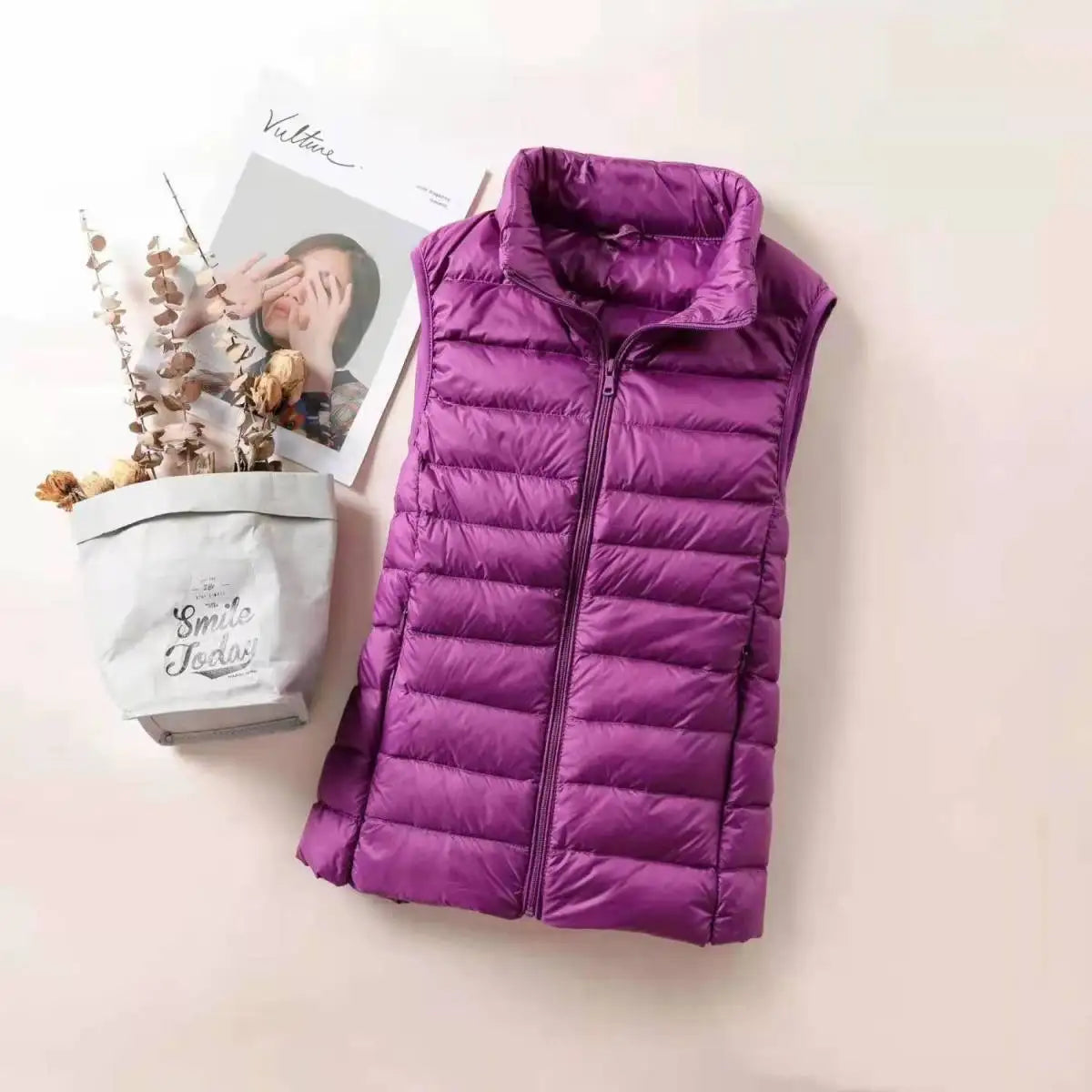 Doudoune légère compressible femme sans manches en duvet, coupe slim