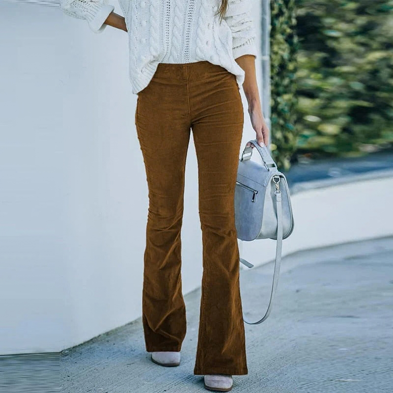 Pantalon velours femme taille élastique jambe droite stretch automne-hiver