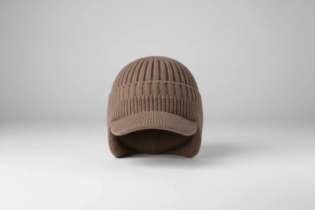 Casquette tricot visière hiver côtelée en beige marron bleu marine gris