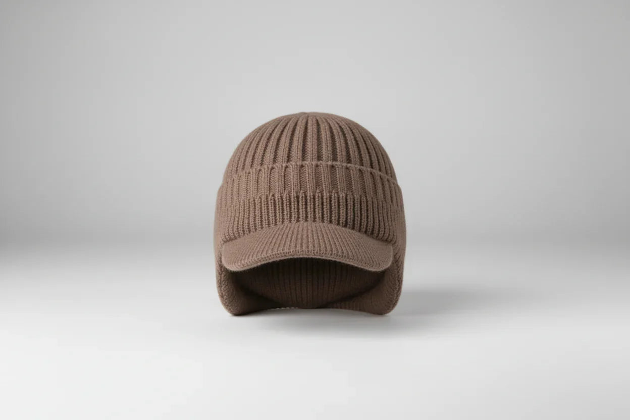 Casquette tricot visière hiver côtelée en beige marron bleu marine gris