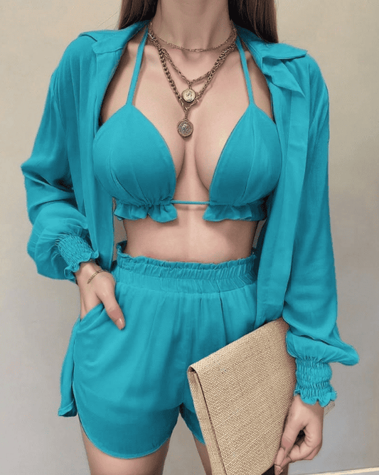 Ensemble bikini 3 pièces avec chemise à manches ballons-COSTUMES ESTIVAUX POUR FEMMES-PARIS FEMME