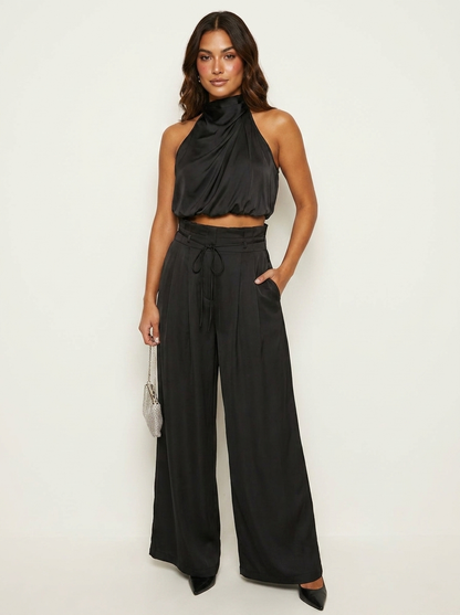 Ensemble Satin Femme | Haut Halter et Pantalon Jambe Large | Noir