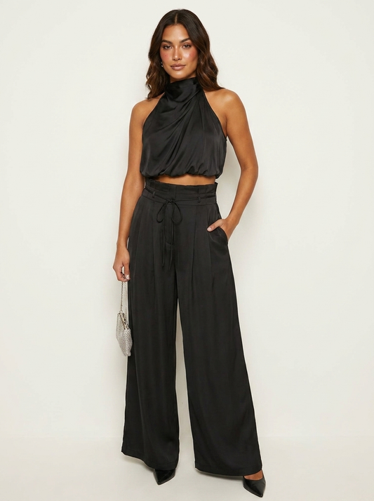 Ensemble Satin Femme | Haut Halter et Pantalon Jambe Large | Noir