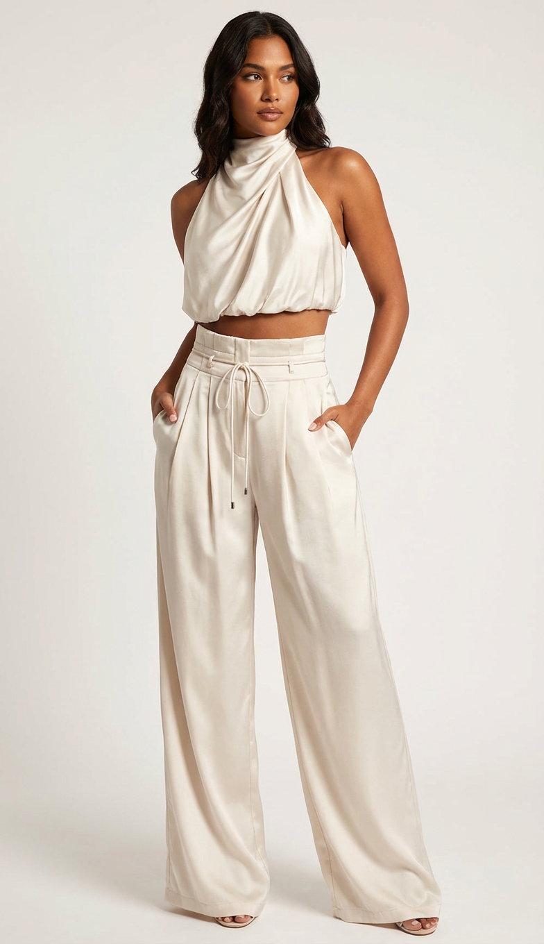 Ensemble Satin Femme | Haut Halter et Pantalon Jambe Large | Noir