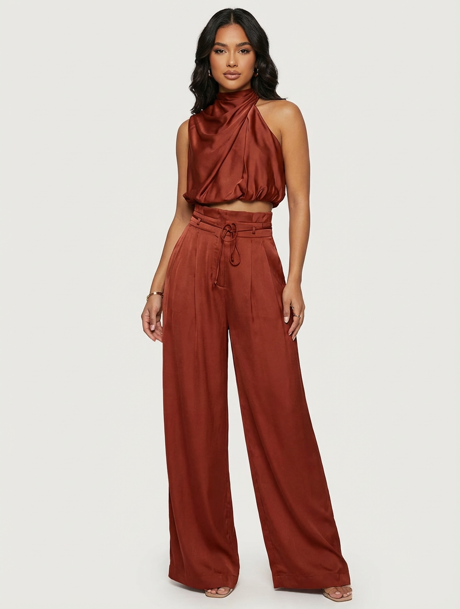 Ensemble Satin Femme | Haut Halter et Pantalon Jambe Large | Noir