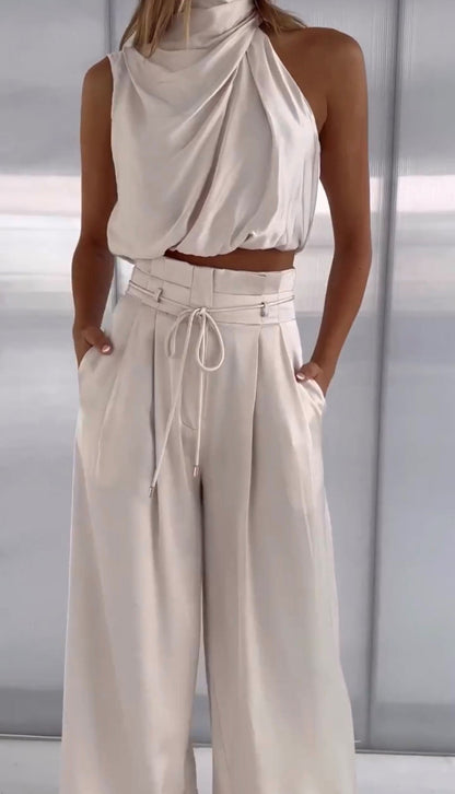 Ensemble Satin Femme | Haut Halter et Pantalon Jambe Large | Noir