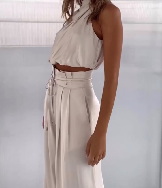 Ensemble Satin Femme | Haut Halter et Pantalon Jambe Large | Noir