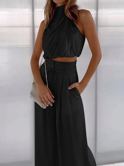 Ensemble Satin Femme | Haut Halter et Pantalon Jambe Large | Noir