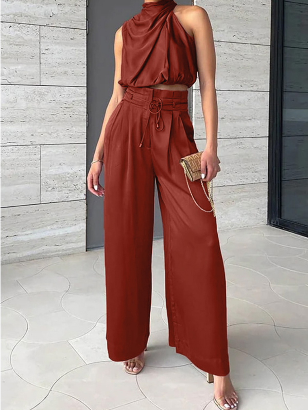 Ensemble Satin Femme | Haut Halter et Pantalon Jambe Large | Noir