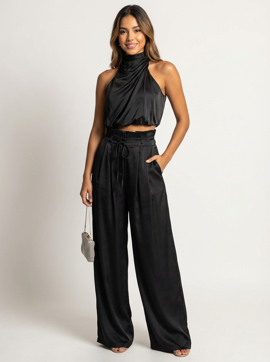 Ensemble Satin Femme | Haut Halter et Pantalon Jambe Large | Noir