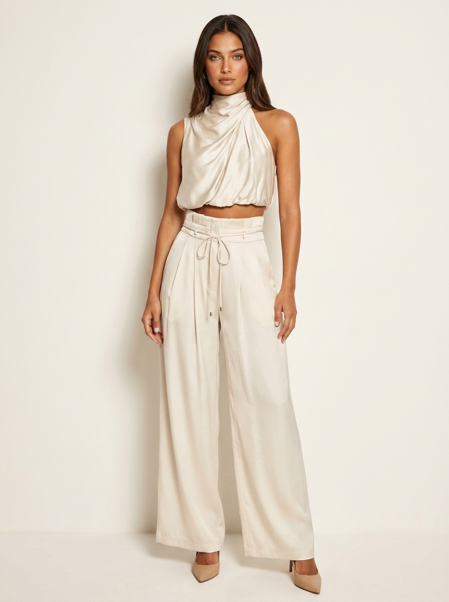 Ensemble Satin Femme | Haut Halter et Pantalon Jambe Large | Noir