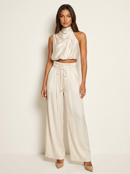 Ensemble Satin Femme | Haut Halter et Pantalon Jambe Large | Noir