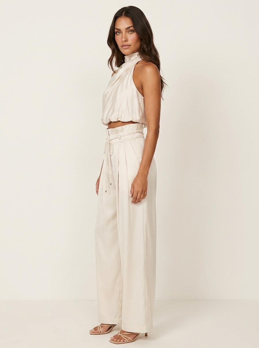 Ensemble Satin Femme | Haut Halter et Pantalon Jambe Large | Noir