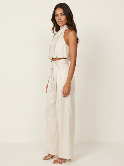 Ensemble Satin Femme | Haut Halter et Pantalon Jambe Large | Noir