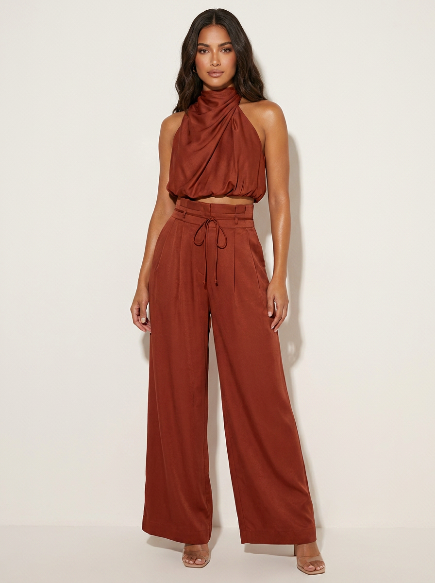 Ensemble Satin Femme | Haut Halter et Pantalon Jambe Large | Noir