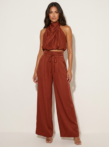 Ensemble Satin Femme | Haut Halter et Pantalon Jambe Large | Noir