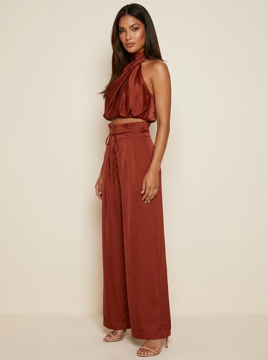 Ensemble Satin Femme | Haut Halter et Pantalon Jambe Large | Noir