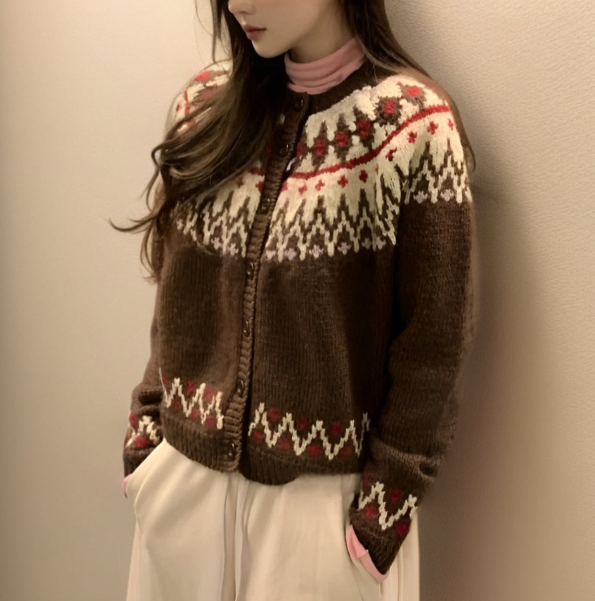 Pull femme tricoté vintage motif nordique color block islandais