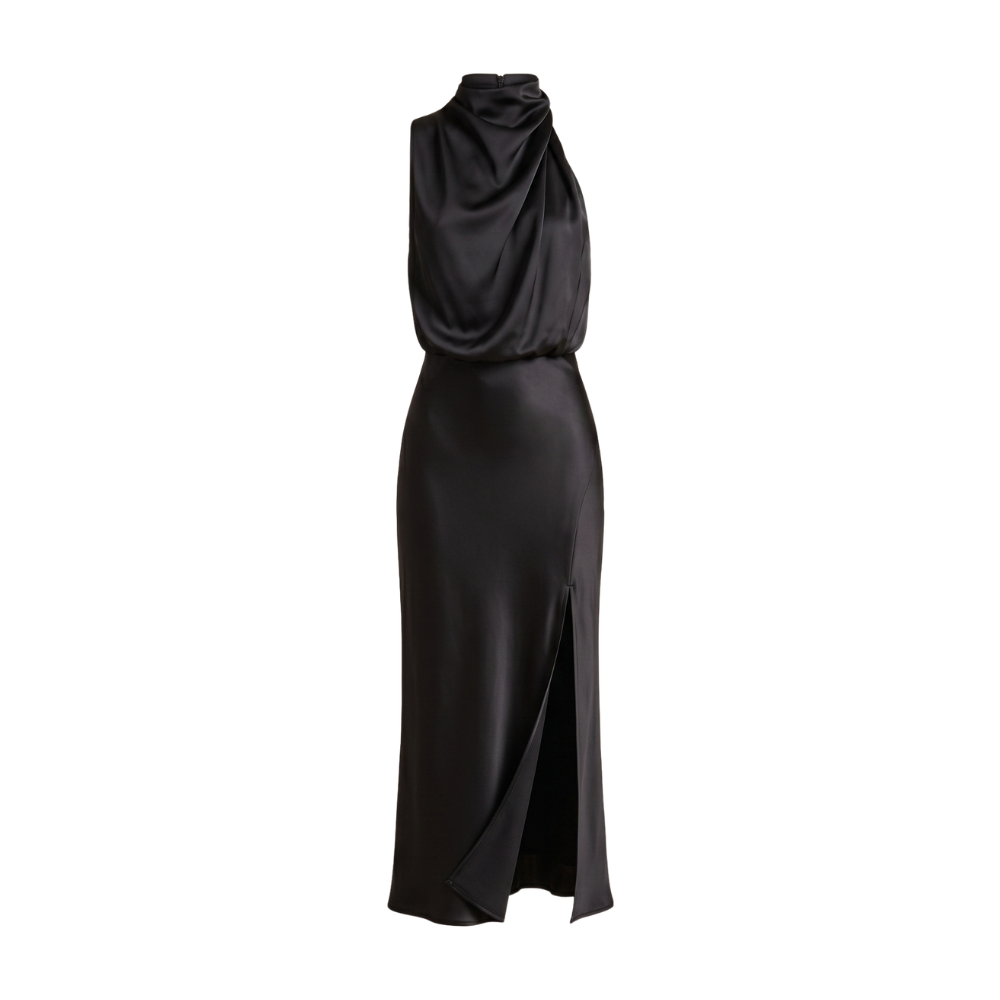 Midi Satin Dress Women | Halter Neckline, Draped Front