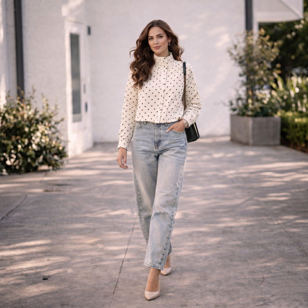 Veste Courte Femme | Design Pois Moderne, Col Haut