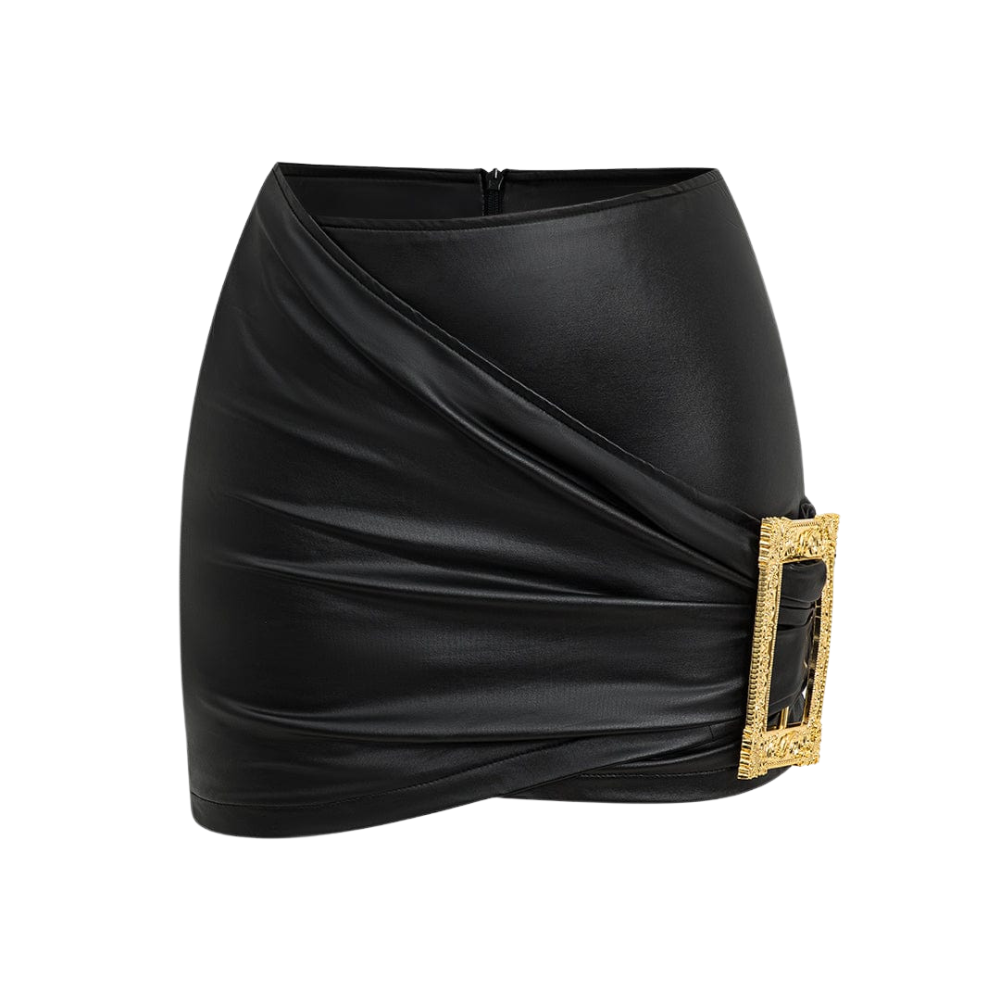 Mini Jupe | Noir | Drapé Asymétrique & Épingle Dorée