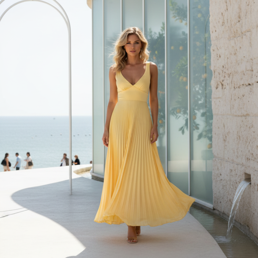 Robe de soirée maxi - ligne A plissée - décolleté V - élégante