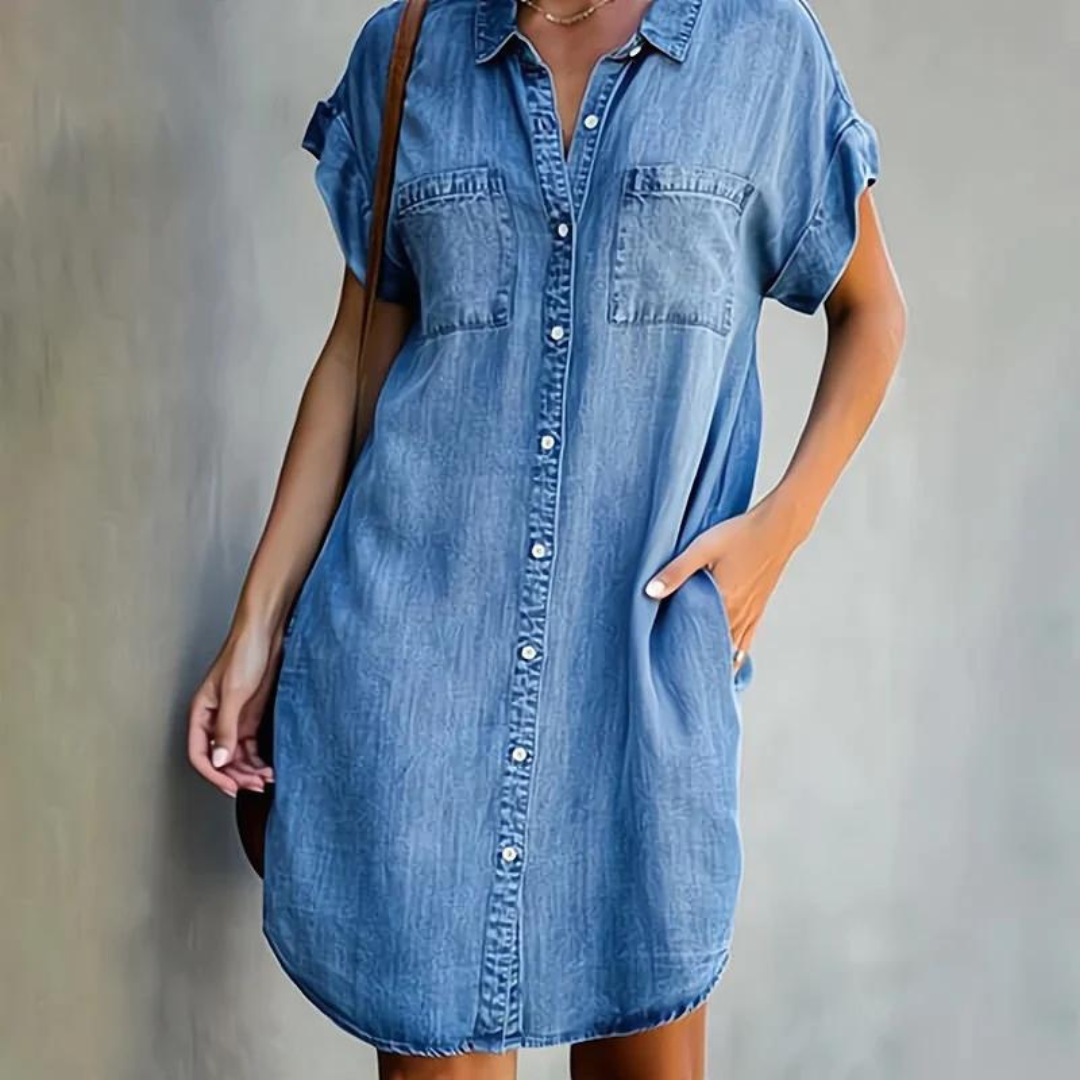 Robe Chemise en Jean Femme | Manches Courtes, Coupe Ample | Boutonnée, Poches