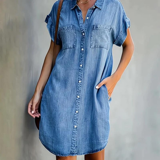 Robe Chemise en Jean Femme | Manches Courtes, Coupe Ample | Boutonnée, Poches