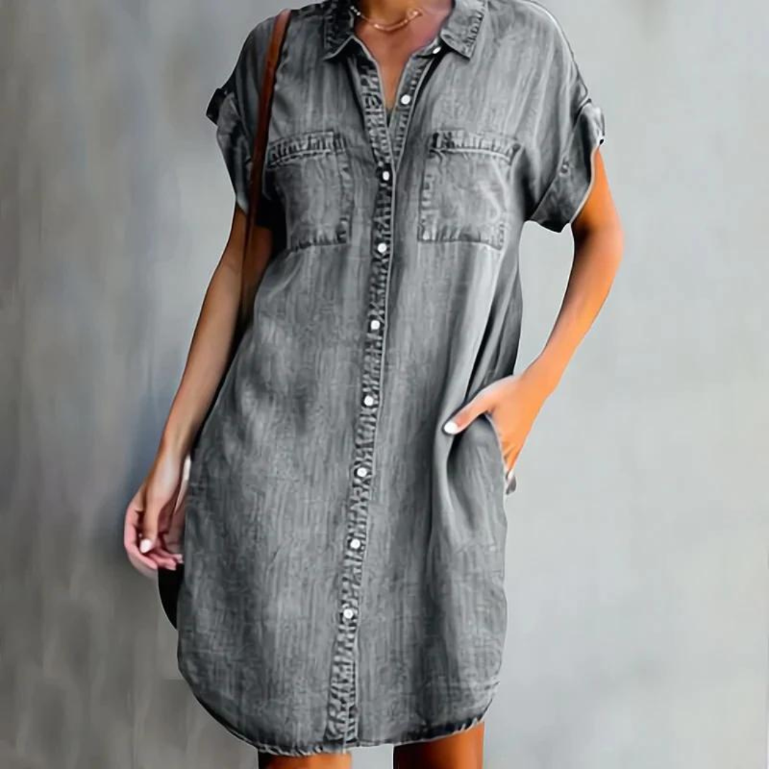 Robe Chemise en Jean Femme | Manches Courtes, Coupe Ample | Boutonnée, Poches