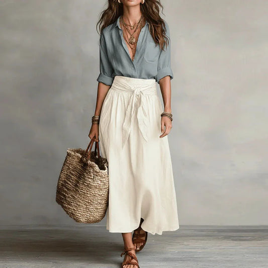 Ensemble Lin Femme | Taille Haute, Jupe Plissée | Gris et Blanc