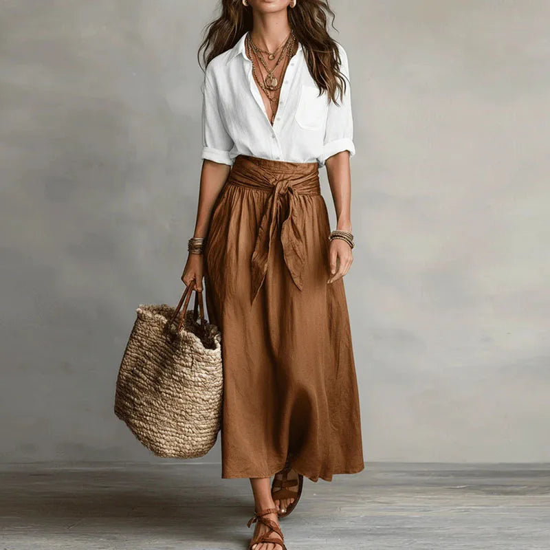 Ensemble Lin Femme | Taille Haute, Jupe Plissée | Gris et Blanc