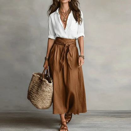 Ensemble Lin Femme | Taille Haute, Jupe Plissée | Gris et Blanc