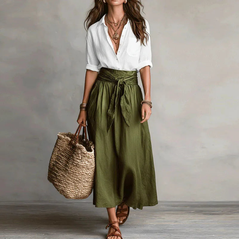 Ensemble Lin Femme | Taille Haute, Jupe Plissée | Gris et Blanc