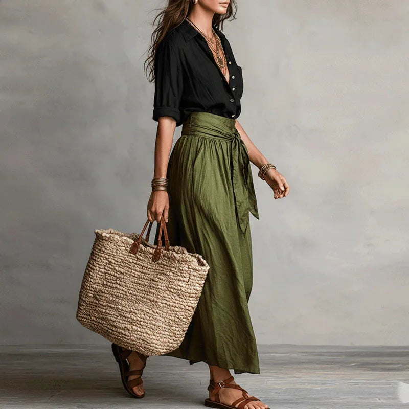 Ensemble Lin Femme | Taille Haute, Jupe Plissée | Gris et Blanc