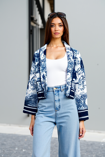 Veste Matelassée Femme | Motif Floral Bleu, Coupe Confortable