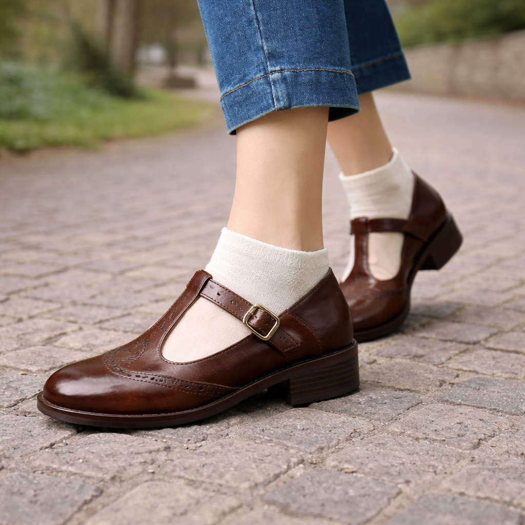 Chaussures Mary Jane pour femmes | T-Strap, talon bas | Détail Brogue