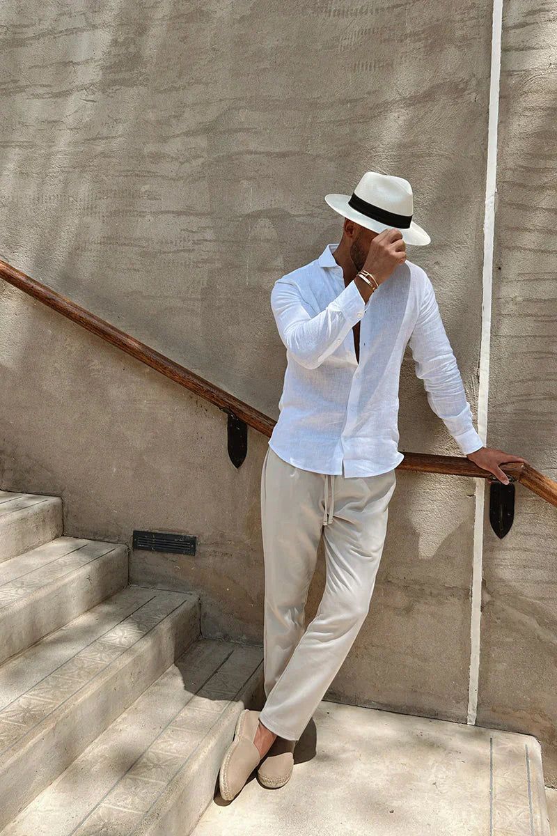 Chemise en lin pour hommes | Manches longues, blanc | Chemise à col respirant