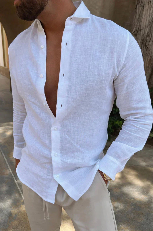 Chemise en lin pour hommes | Manches longues, blanc | Chemise à col respirant