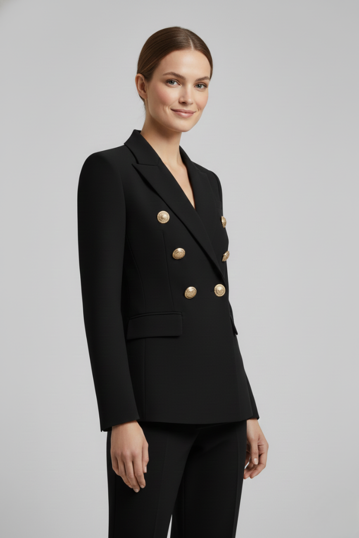 Blazer femme croisé double boutonnage boutons dorés col revers large coupe cintrée