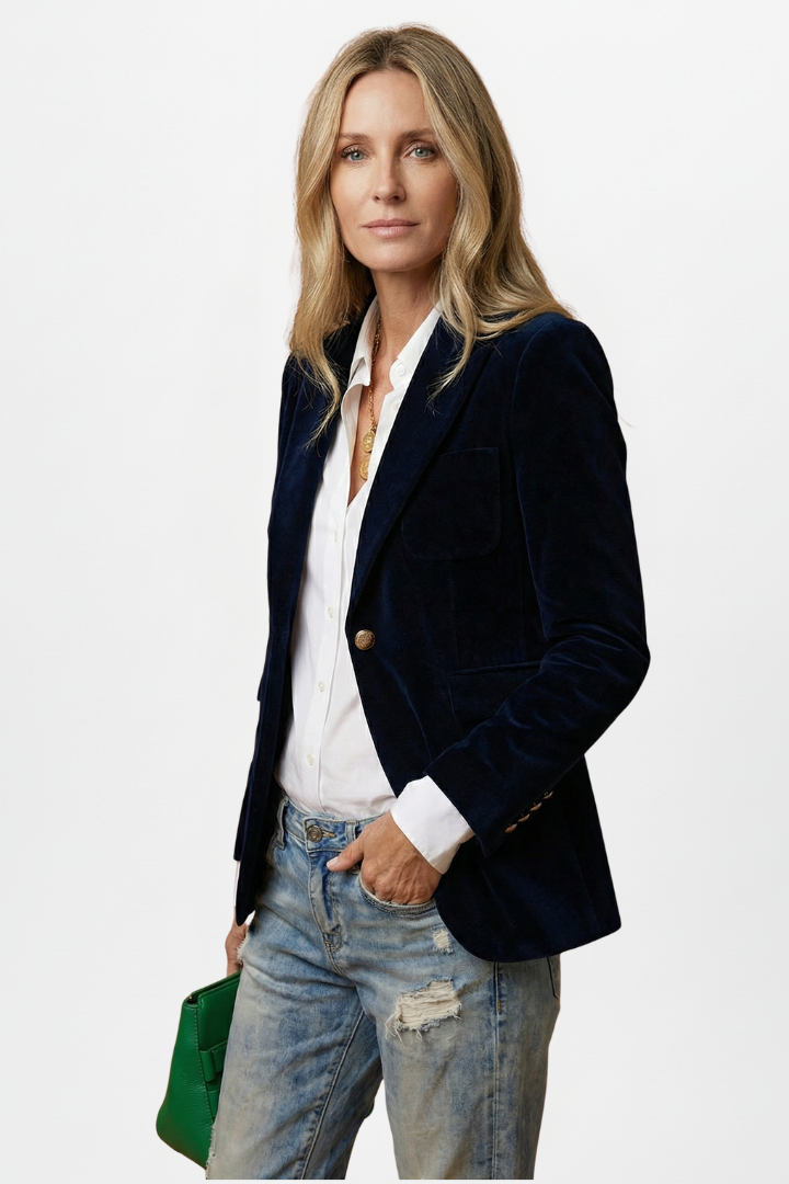 Blazer femme velours cintré col revers cranté bouton unique