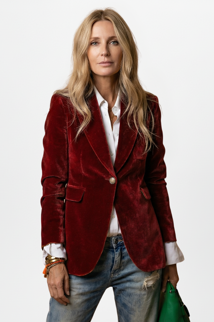 Blazer femme velours cintré col revers cranté bouton unique