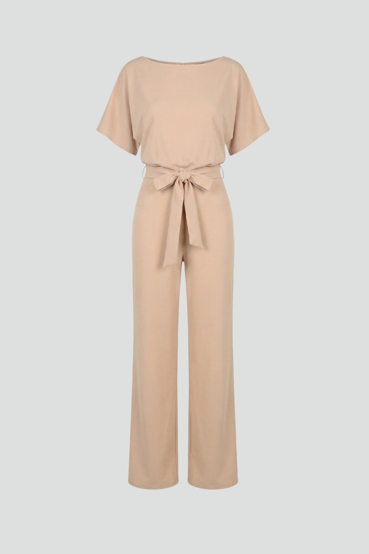 Combinaison femme jambes larges avec ceinture nouée et col rond