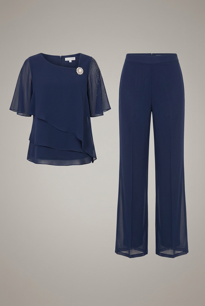 Ensemble 2 pièces femme pantalon droit top superposé col rond manches courtes